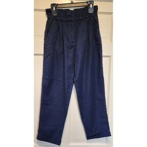 Find‎ Womens Linen Pants Size S Navy Paper Bag Ankle Wide Tapered Leg Preppy